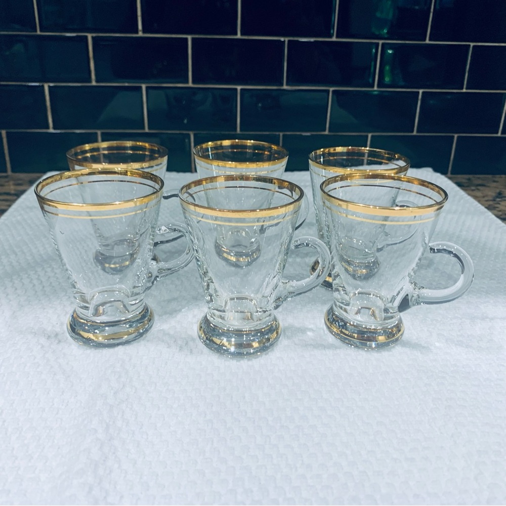 Vintage Set of 6 MCM Clear Glass with Gold Trim Cups 3.25”